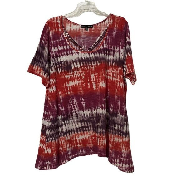 Fred David Hippie Blouse Plus Size 2X Orange Purple White Short Sleeve Tie Dye V - Picture 2 of 14